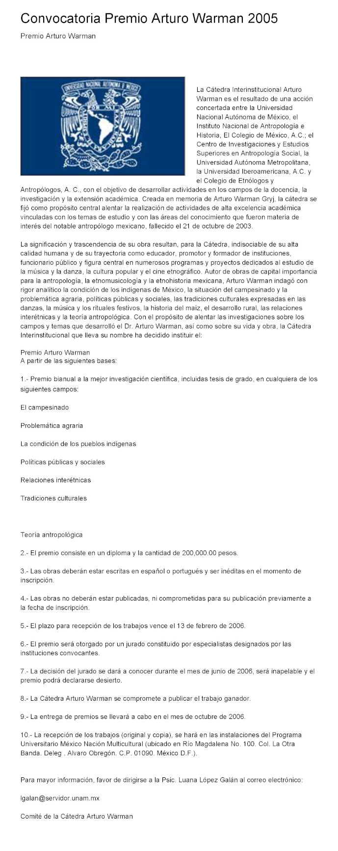 Convocatoria del Premio Arturo Warman 2005