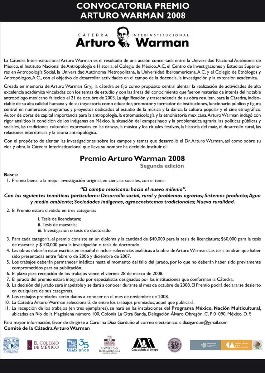 Convocatoria del II Premio Arturo Warman 2008. Segunda edición