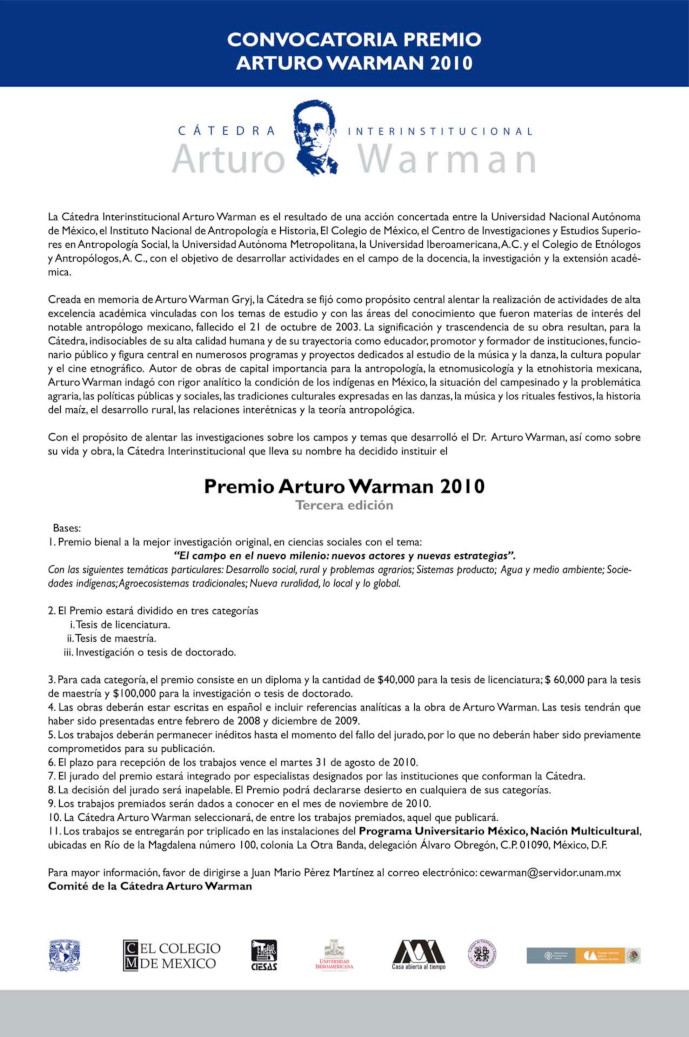 Convocatoria del III Premio Arturo Warman 2010. Tercera edición