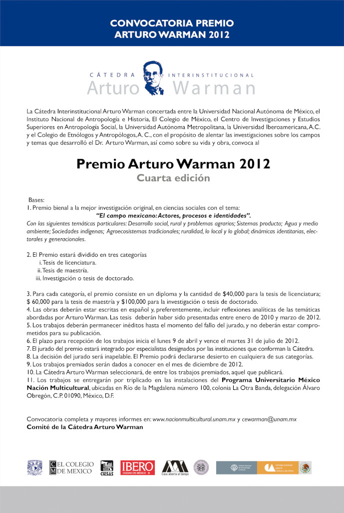 Convocatoria del IV Premio Arturo Warman 2012. Cuarta edición
