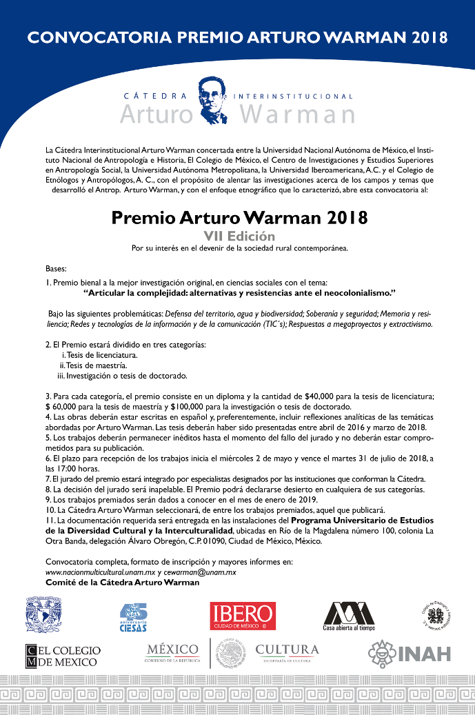 Convocatoria del VII Premio Arturo Warman 2018. Séptima edición
