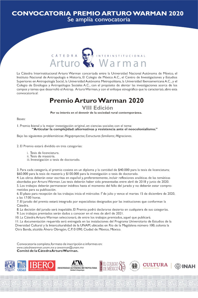 Convocatoria del VIII Premio Arturo Warman 2020. Octava edición