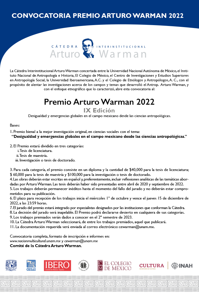 Convocatoria del IX Premio Arturo Warman 2022. Novena edición