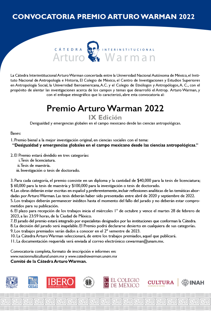 Convocatoria del IX Premio Arturo Warman 2022. Novena edición