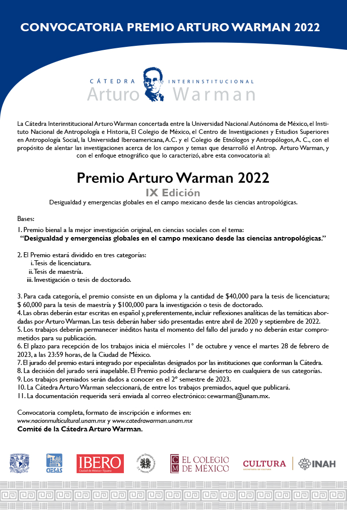 Convocatoria IX Premio Arturo Warman 2022. Novena edición